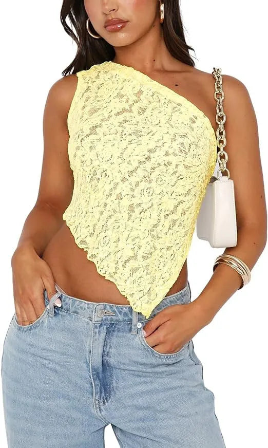 Women's lace backless polyester vest top with asymmetrical neckline in solid colour