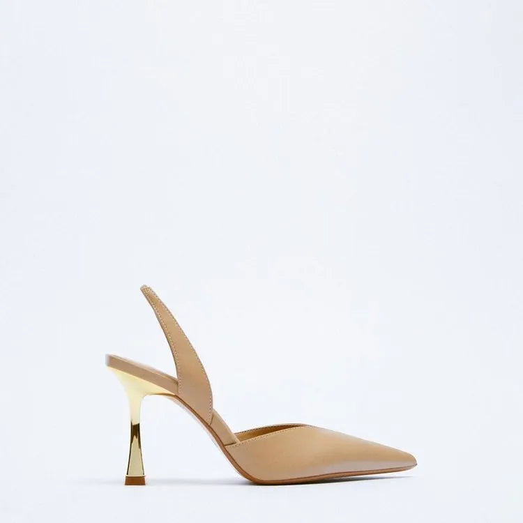 Women's pointed toe patent leather high heels in apricot colour with shallow mouth design