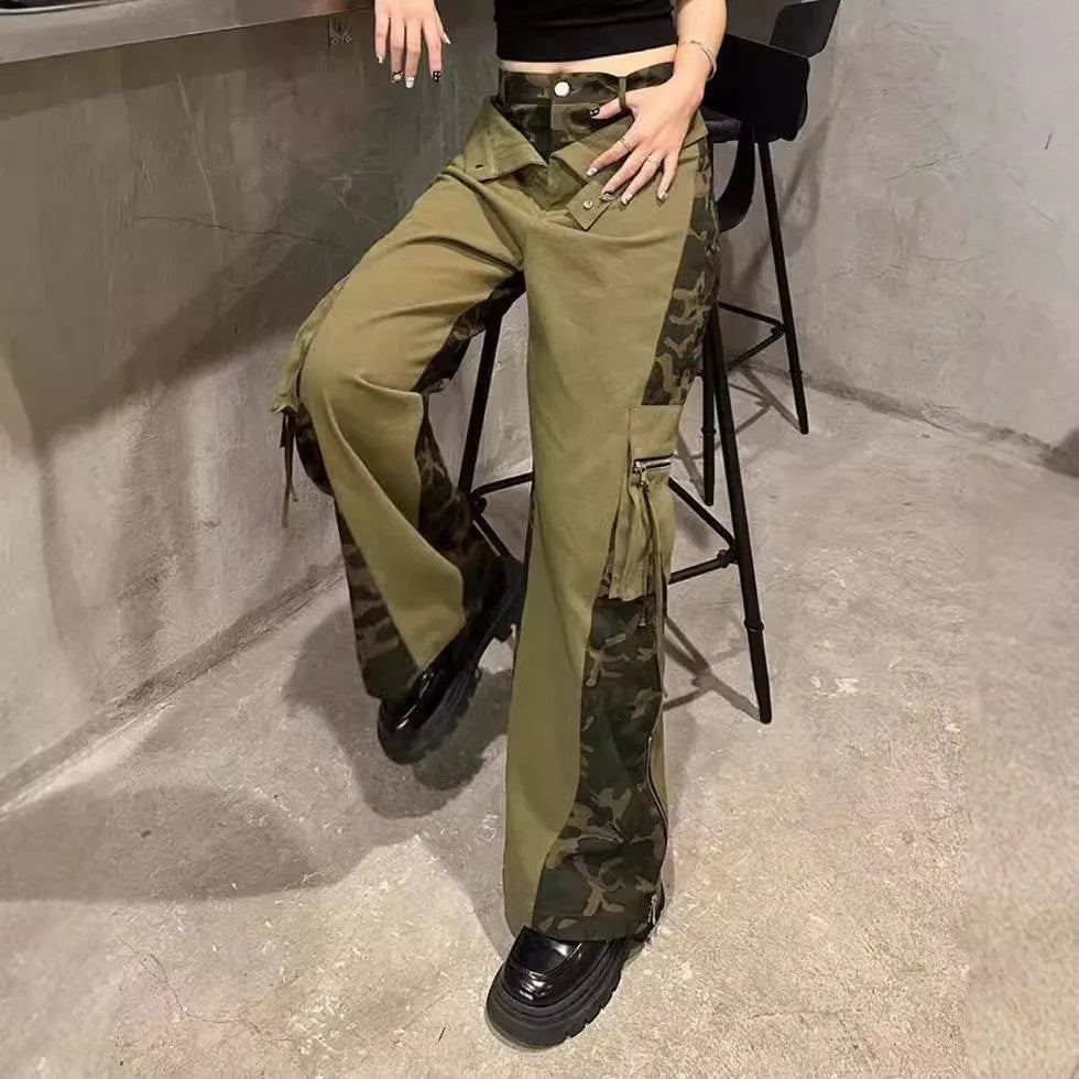 Women's dark khaki leopard print high-waist jeans with retro tooling stitching detail