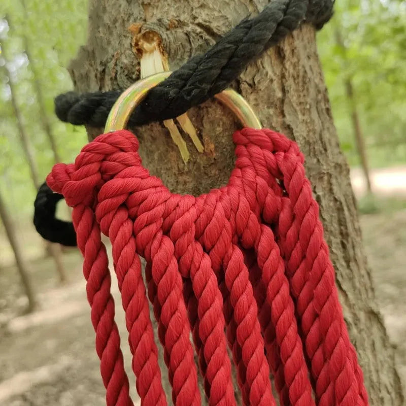 Nylon rope mesh hammock measuring 1.1 metres wide by 2.1 metres long with rope ties