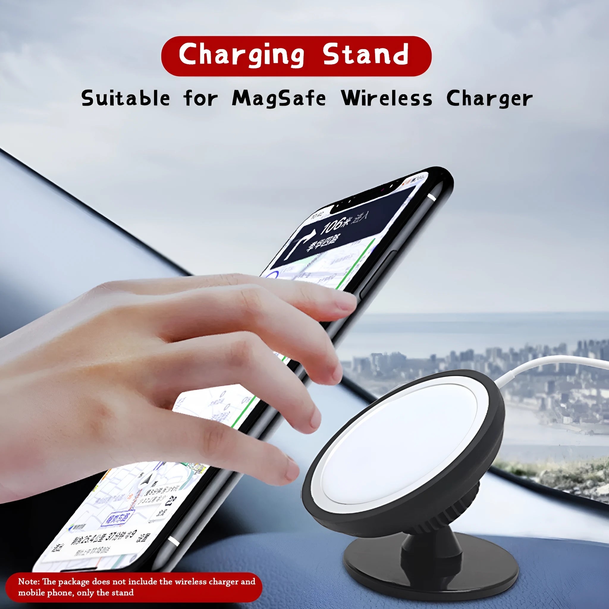 Black plastic magnetic car phone holder shown as an air vent mount and a dashboard base mount.