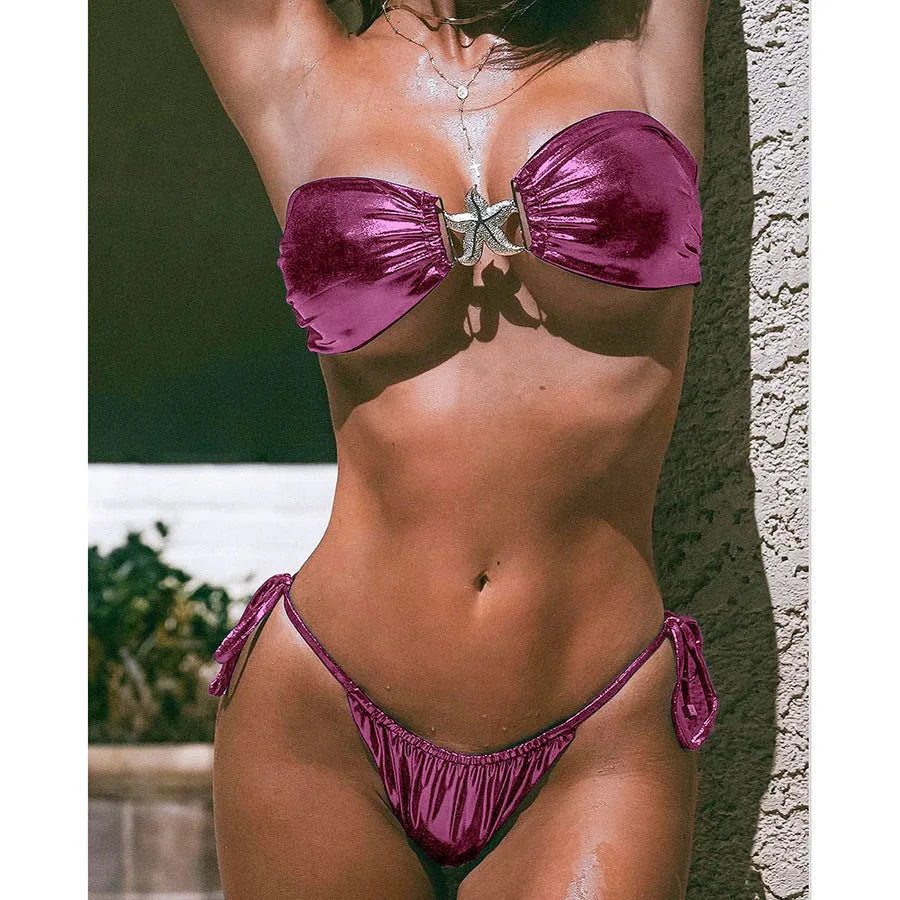 Women's glossy bikini set with gold starfish decoration in blue or pink colour