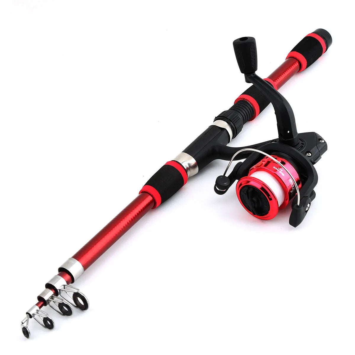 Children's fishing rod set with pole and wheel in blue, green, red or yellow colours with accessory box
