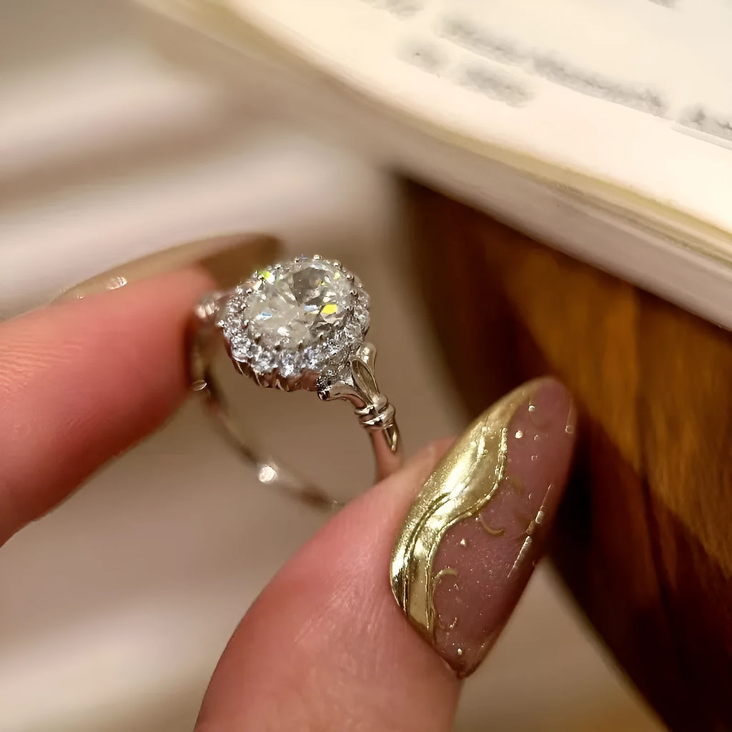Silver geometric ellipse bridal bouquet ring with adjustable opening and diamond treatment detailing