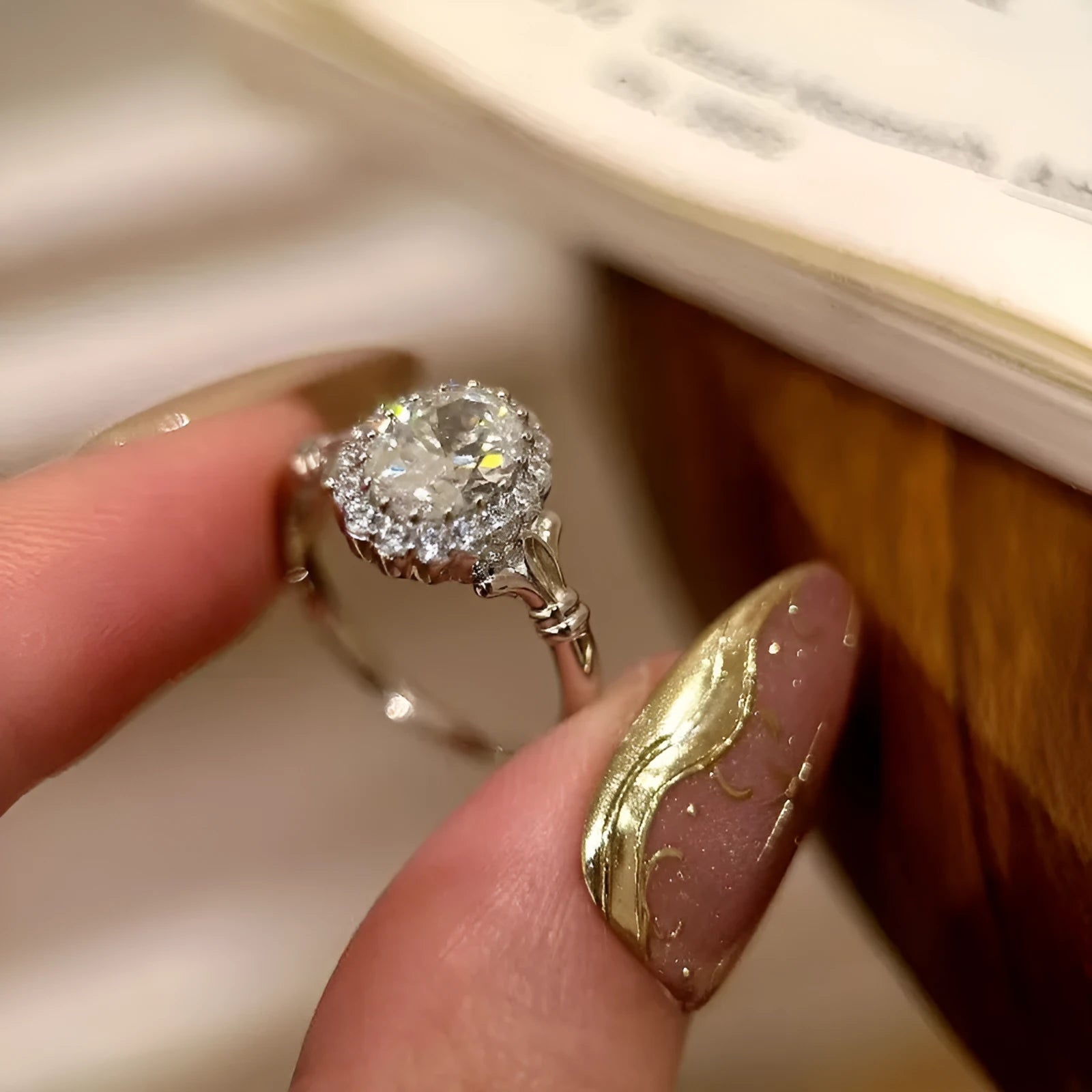Silver geometric ellipse bridal bouquet ring with adjustable opening and diamond treatment detailing