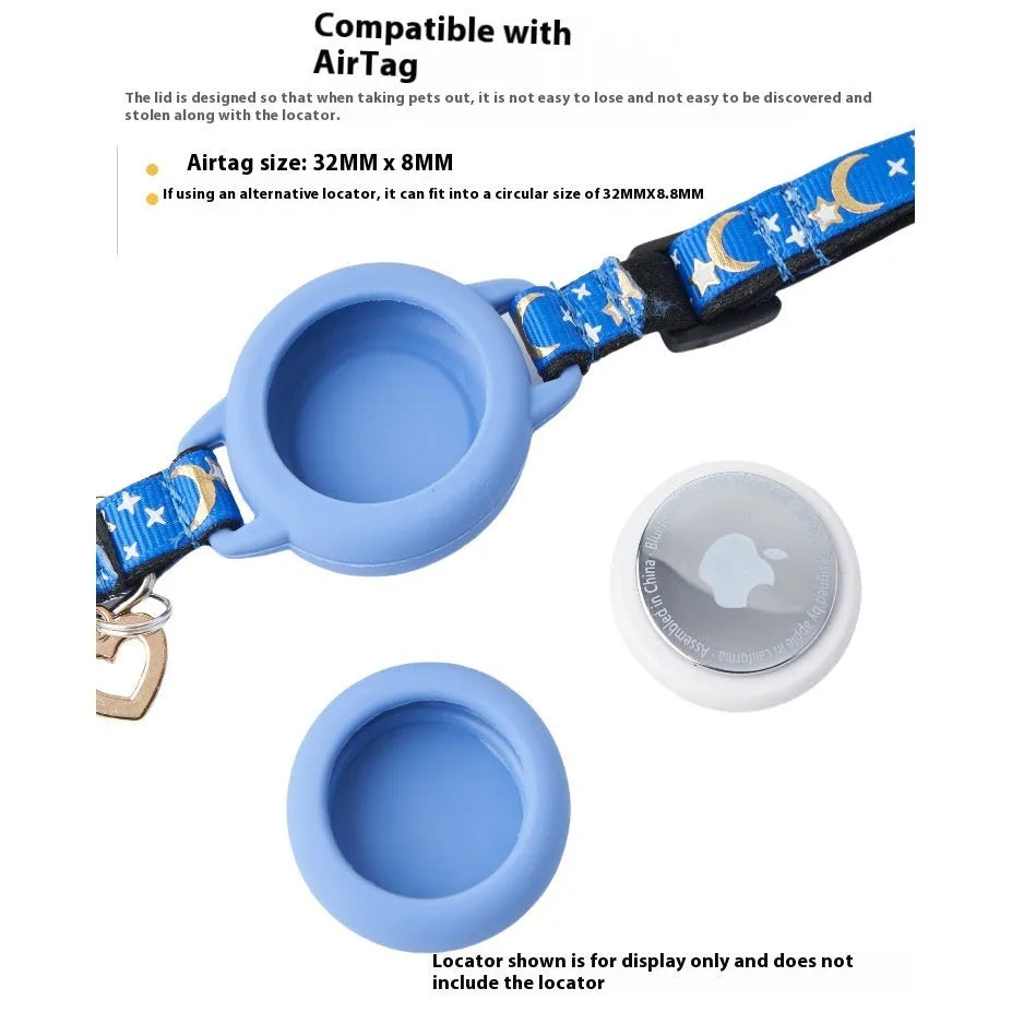 Pink plastic AirTag protective case for cat collar, shown with adjustable band and Apple AirTag.