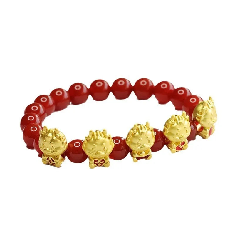 Natural red agate bracelet with Five Blessing Dragon design and 8mm beads.