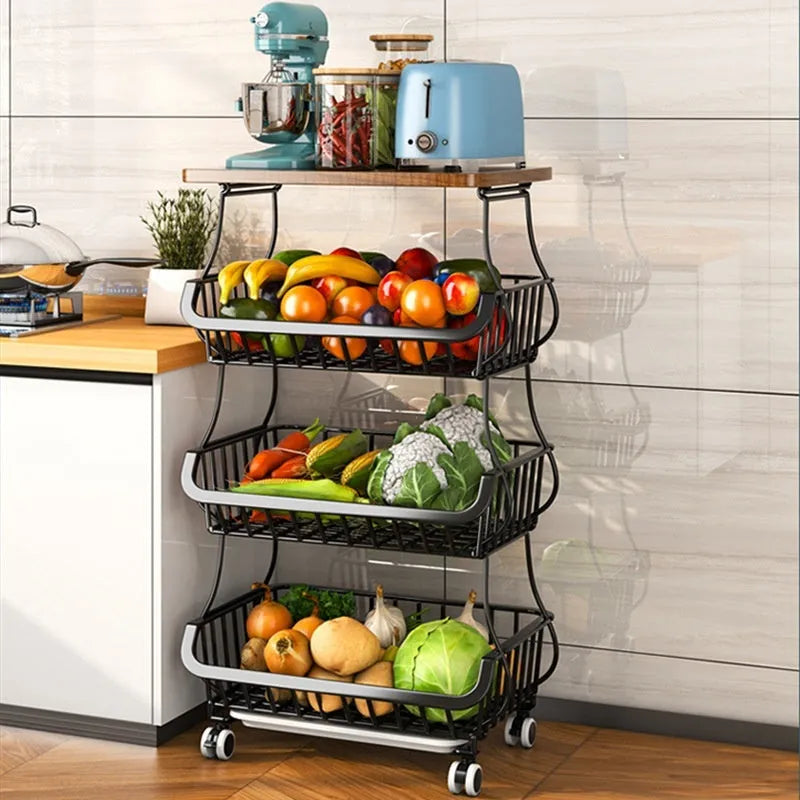 Black six layer floor standing kitchen storage trolley with metal frame