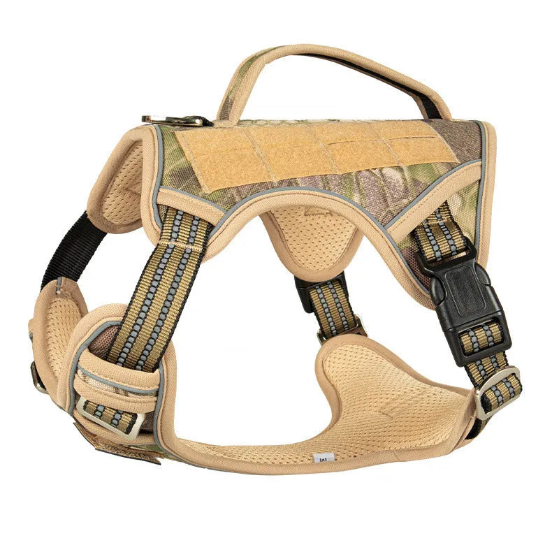 Oxford cloth tactical dog chest harness in camouflage colour for search and rescue working dogs.