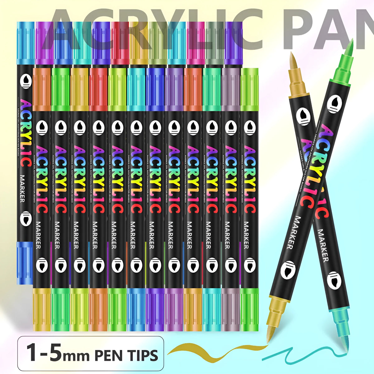 Set of double-ended acrylic marker pens with washable opaque ink in various colours.