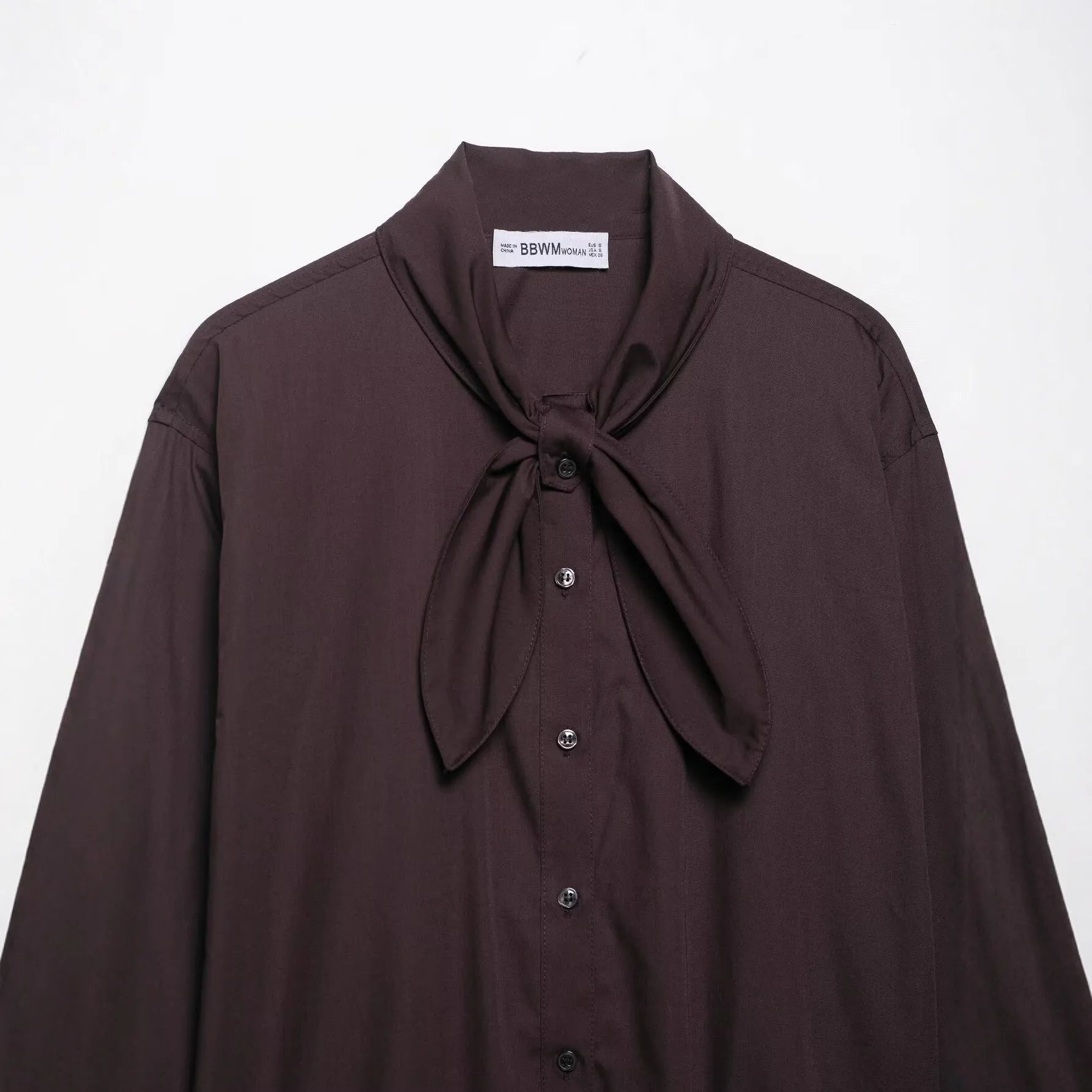 Brown women's long sleeve polyester poplin shirt with bow tie scarf detail, loose fit cardigan style