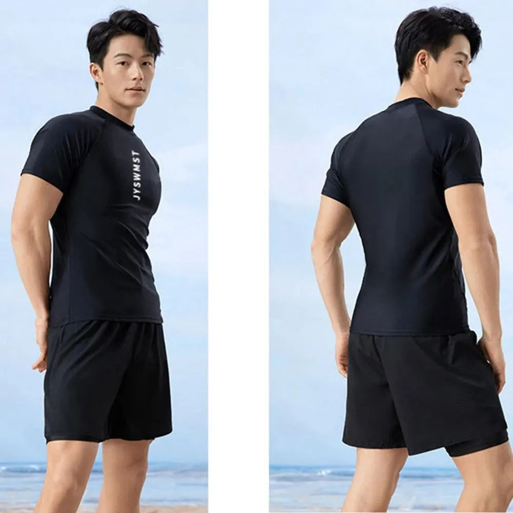 Men's plus size swimming trunks and matching rash guard top in polyester fabric.