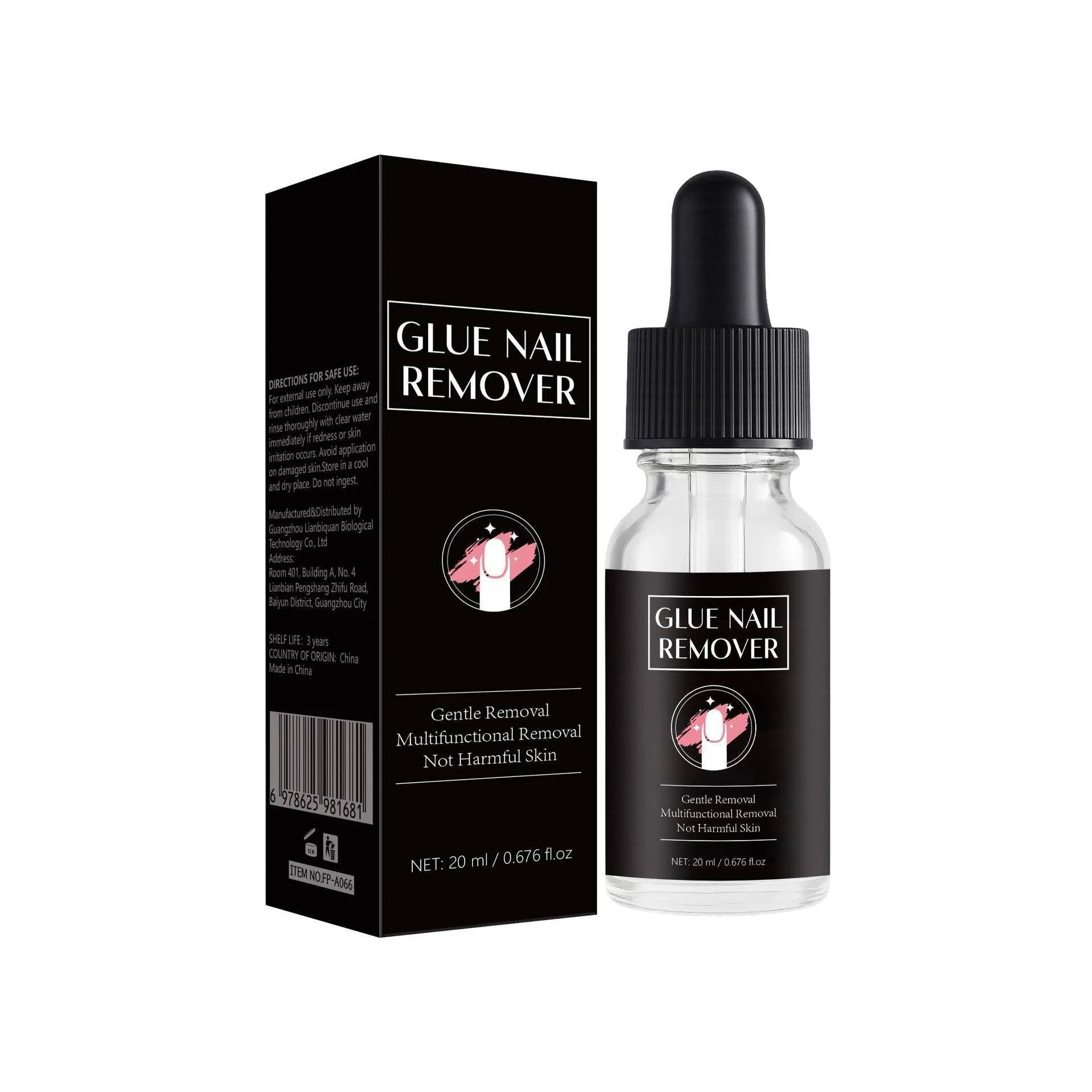 Nail glue remover kit showing 20ml bottle and FP-A066 style applicator for false nail adhesive removal