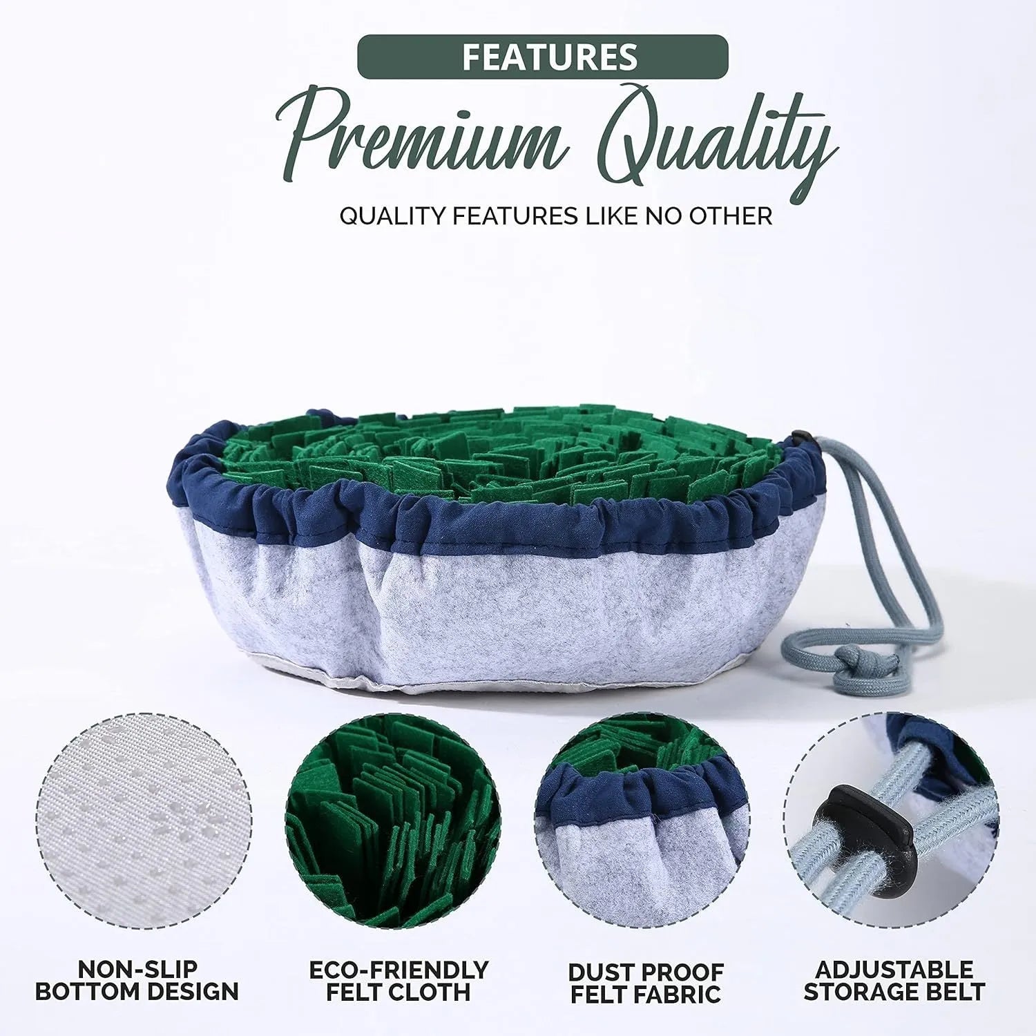 Blue adjustable fabric snuffle mat for dogs, showing food hidden in folds for foraging.