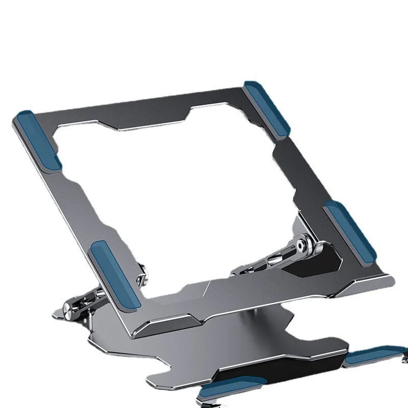 Grey aluminium alloy laptop stand with adjustable angle, shown folded and open.