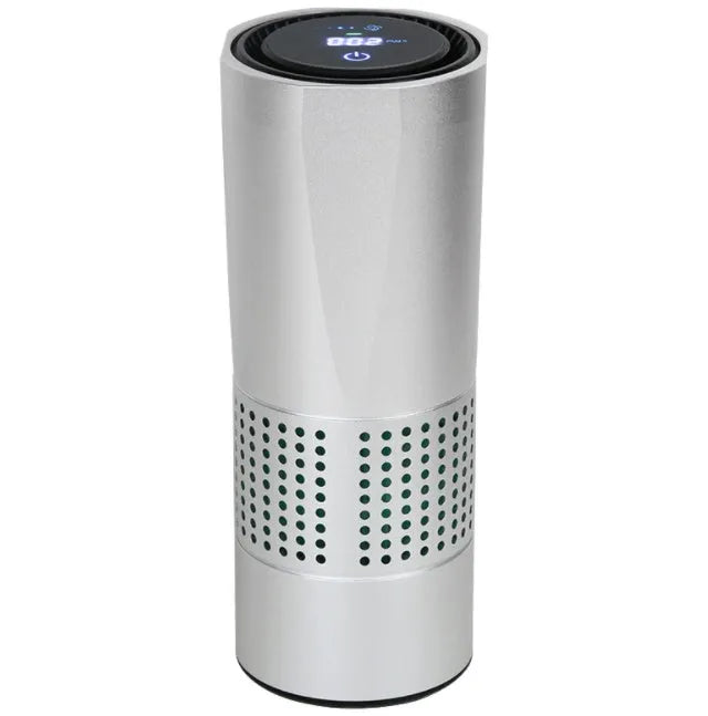Aluminium alloy car air purifier cup with display, USB cable, and large filter for vehicle air cleaning.