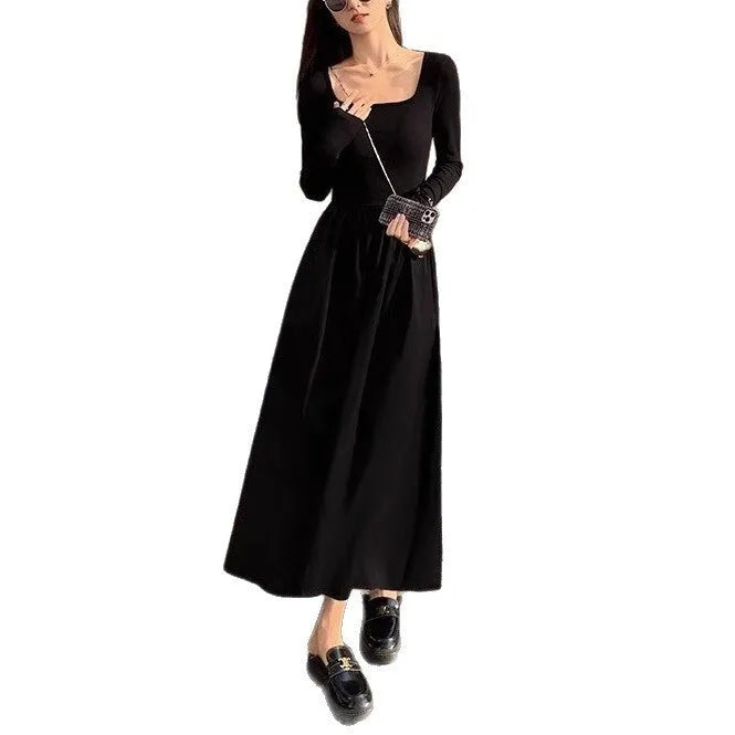 Black square collar knitted dress with elastic waist and A-line skirt