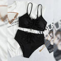 Black women's bikini swimsuit with sling split high waist design and matching shorts