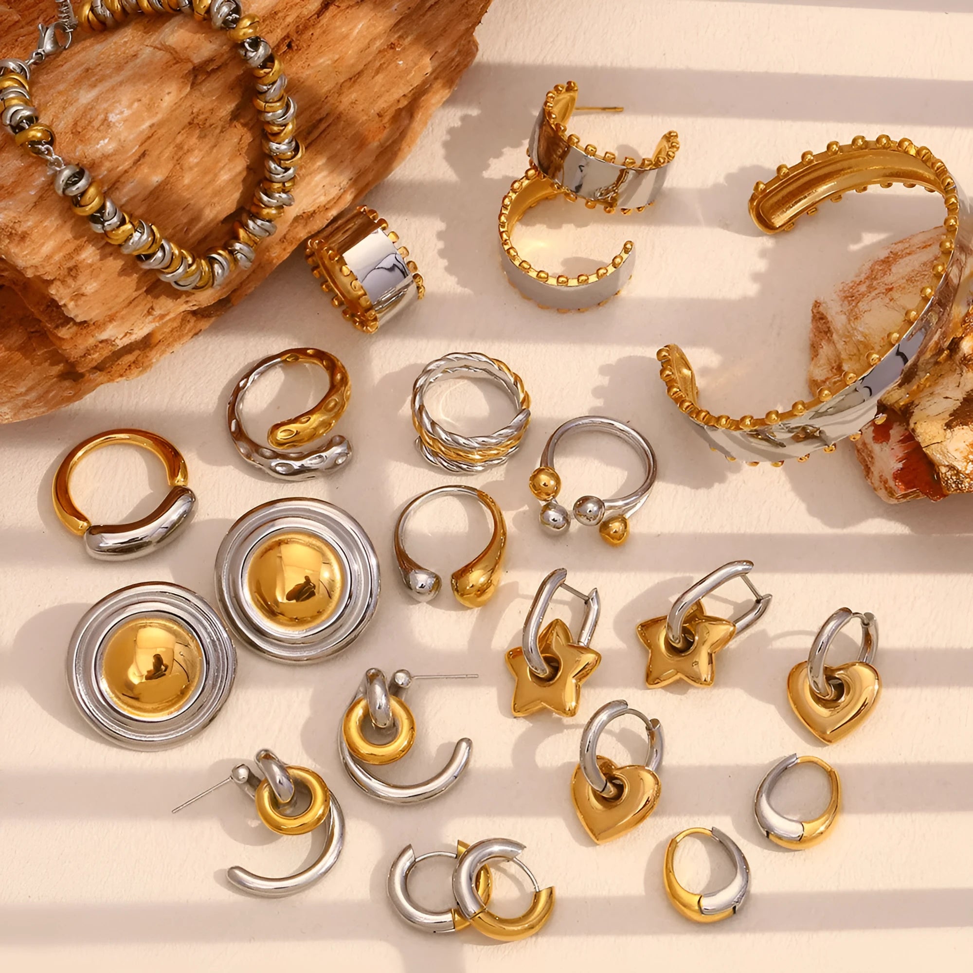 Senior room gold earrings set with matching bracelet and necklace in electroplated stainless steel