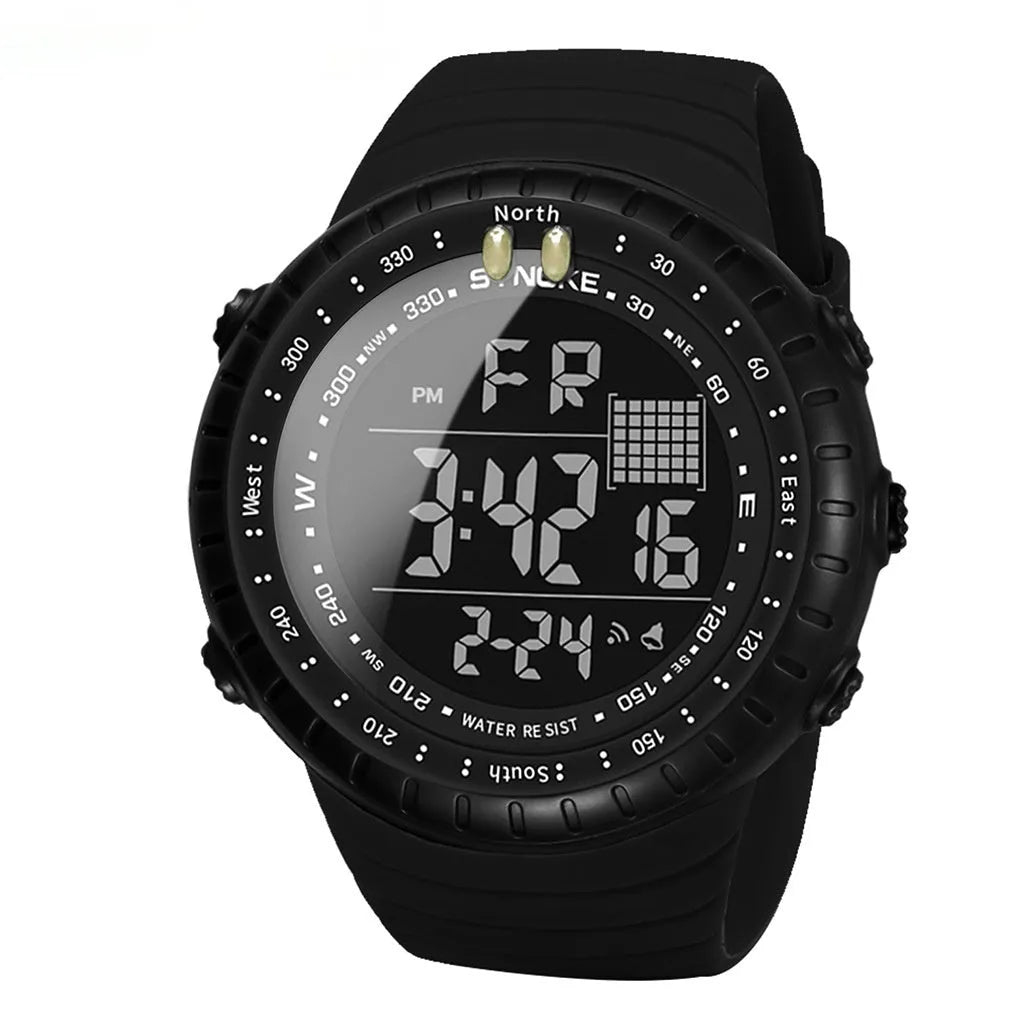 Black men's outdoor electronic watch with 54.74mm plastic case and PU strap WR50M waterproof