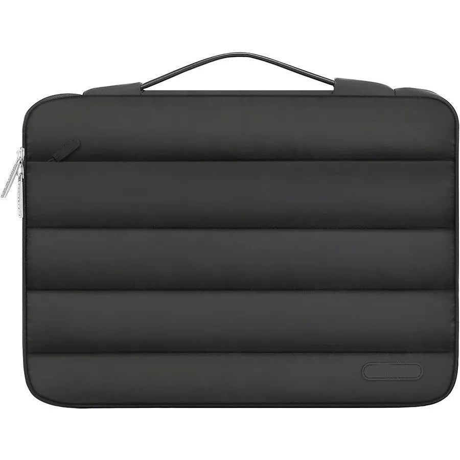 Velvet laptop bag in sand colour with plaid pattern, suitable for a 13.3-inch or 15.4-inch device.