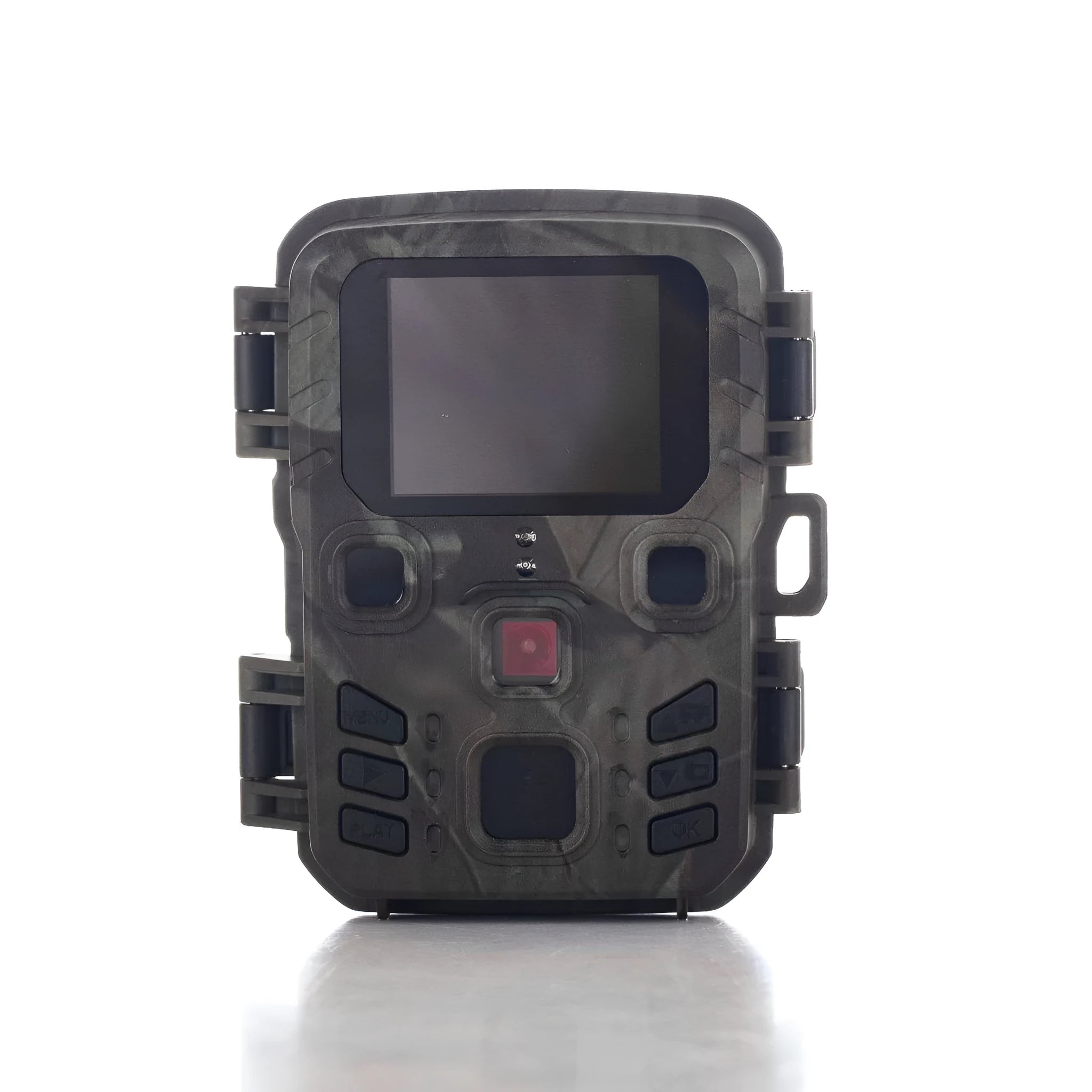 Black infrared night vision monitoring device with lens and plastic housing on a colour box.