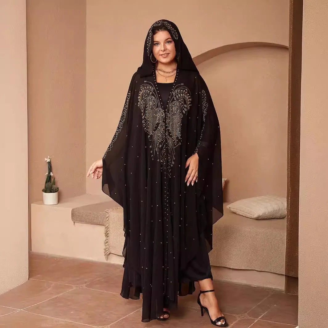 Purple chiffon shawl with rhinestone beading, styled as a cape, showing its long 135-175cm length.
