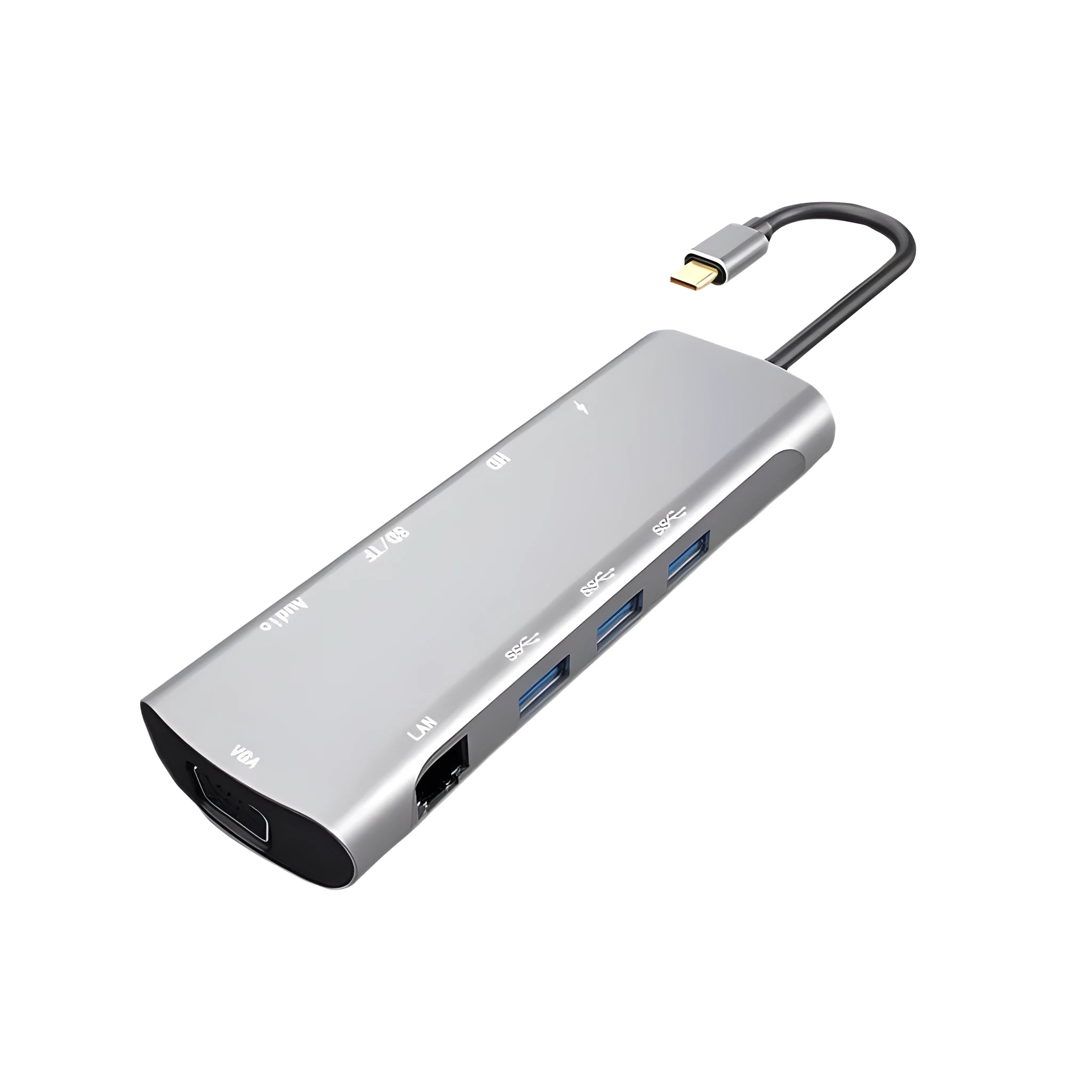 Grey aluminium USB-C docking station with HDMI, VGA, and USB 3.0 ports.