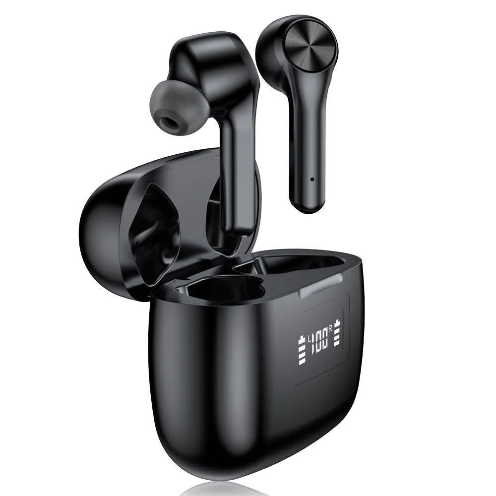 Touch control wireless Bluetooth earphones in cool black colour with charging case