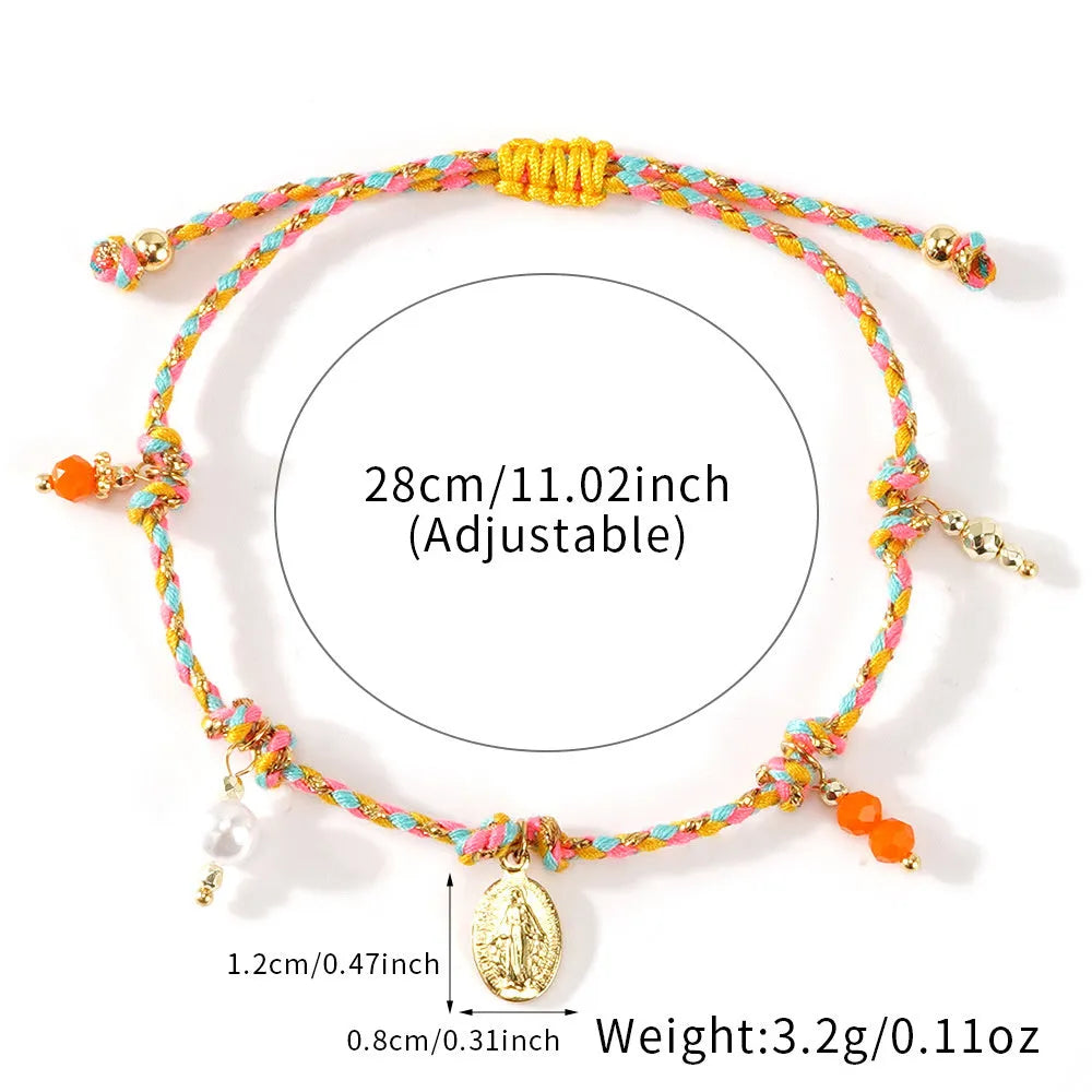 Hand-woven colourful braided rope bracelet with an adjustable carrying strap for women.