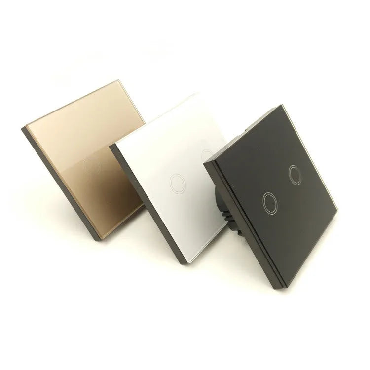 Square tempered glass touch light switch in black, gold, or white finish for wall mounting.