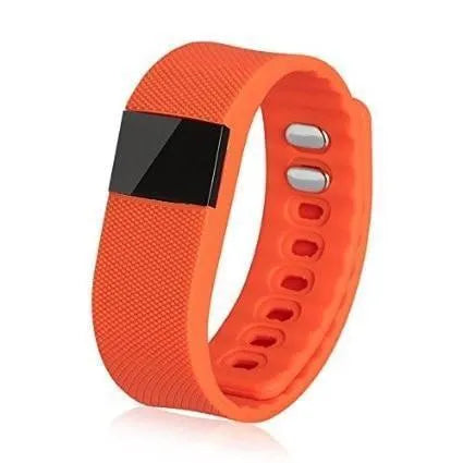 Bracelet pedometer watch in various colours showing digital display tracking steps, distance, calories, and time