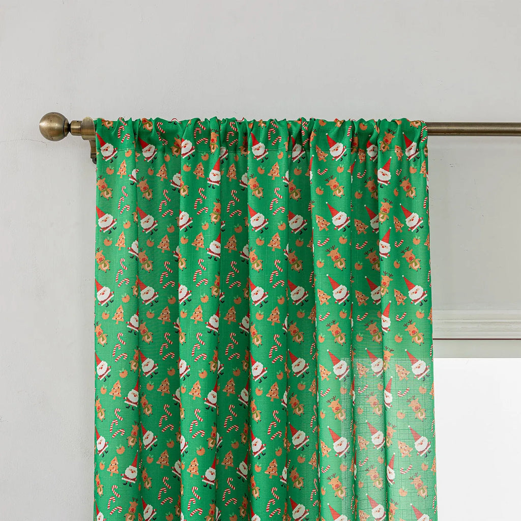 Green Christmas curtain with printed snowman and angel pattern, 1 metre length