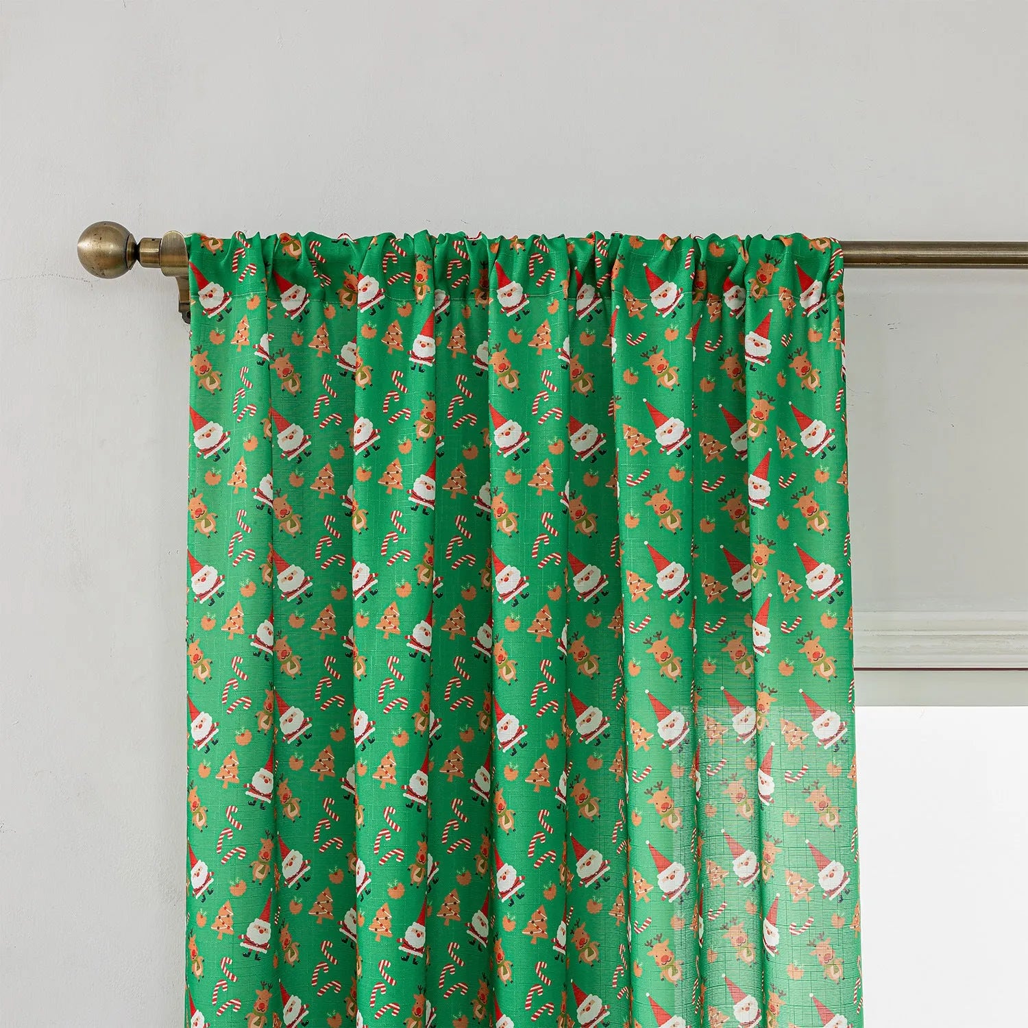 Green Christmas curtain with printed snowman and angel pattern, 1 metre length