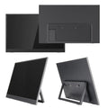 Black 15.6-inch portable LCD monitor on an adjustable stand, showing a desktop interface.