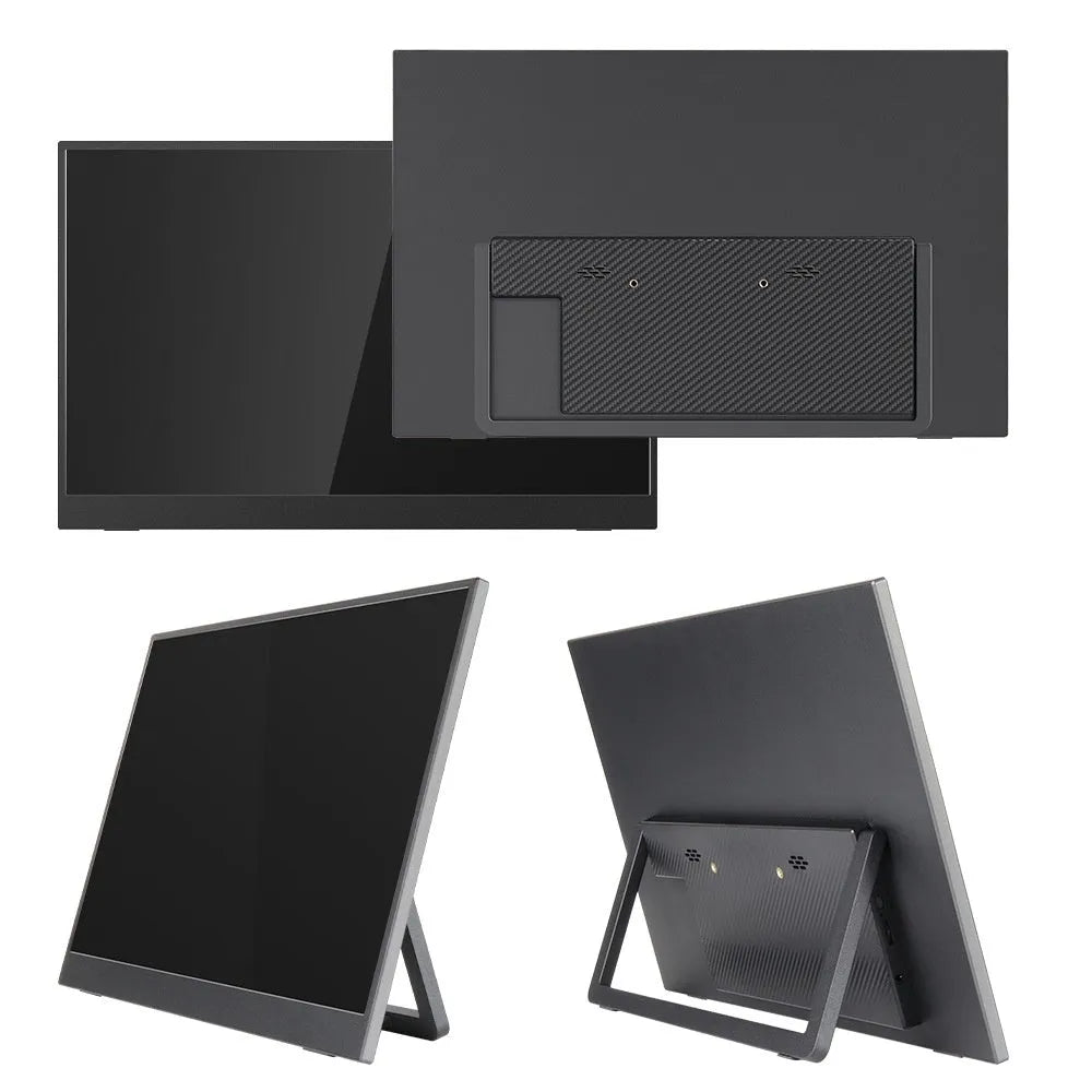 Black 15.6-inch portable LCD monitor on an adjustable stand, showing a desktop interface.