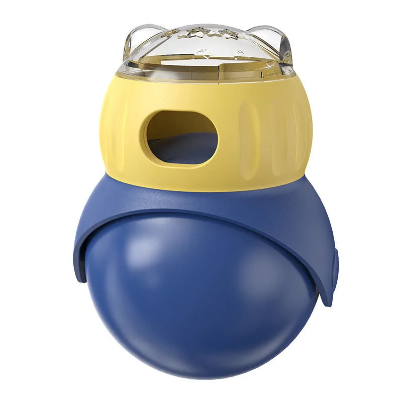 Owl-shaped plastic puzzle cat feeder in morandi yellow and blue colours for self-service food dispensing
