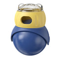 Owl-shaped plastic puzzle cat feeder in morandi yellow and blue colours for self-service food dispensing