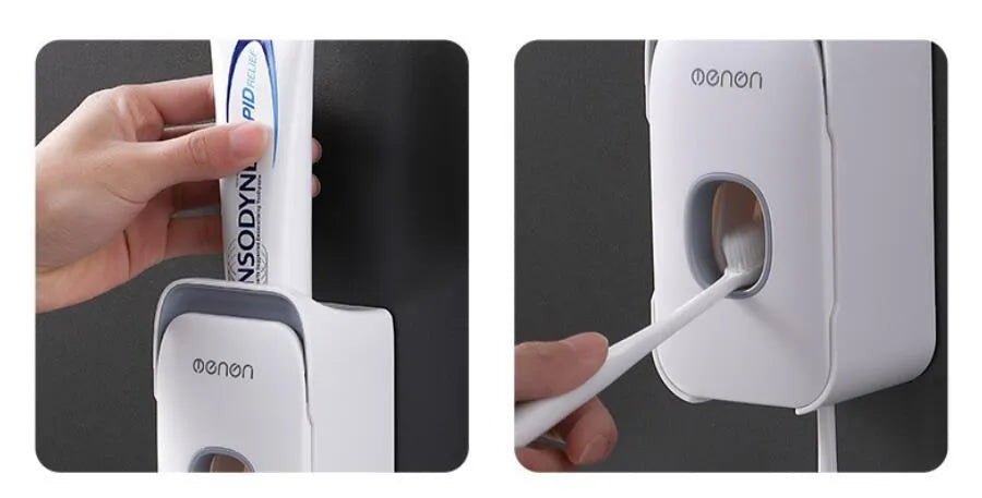 Automatic wall-mounted toothpaste dispenser in blue, grey, or pink colours with LED display