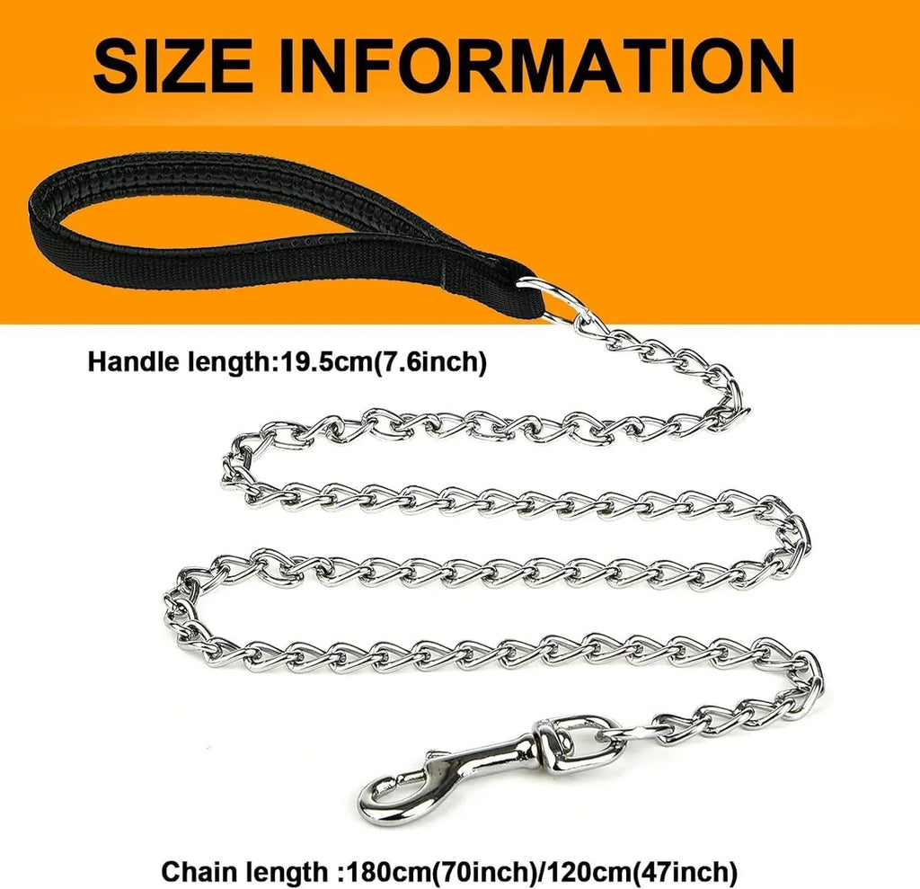Heavy duty metal chain dog leash with a soft black padded handle, shown with a red colour option.