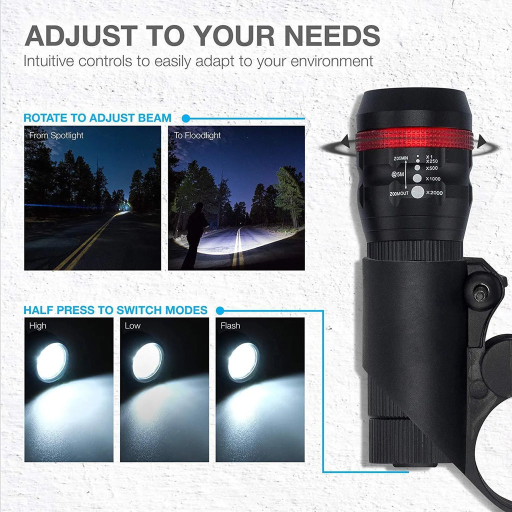 Bicycle headlight and taillight set including LED flashlight, mounting bracket, and rear light.