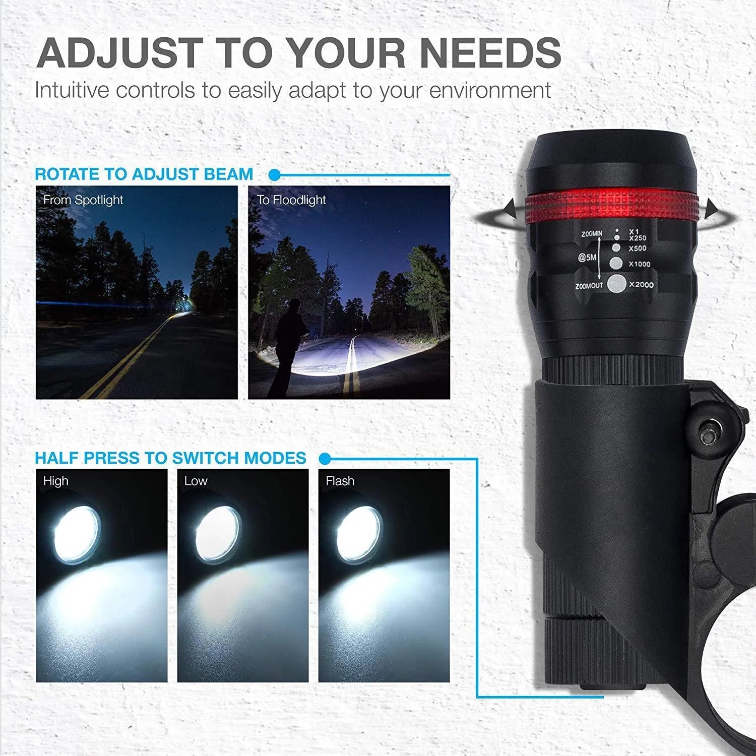 Bicycle headlight and taillight set including LED flashlight, mounting bracket, and rear light.