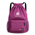 Unisex grey Oxford fabric drawstring travel backpack shown folded and unfolded
