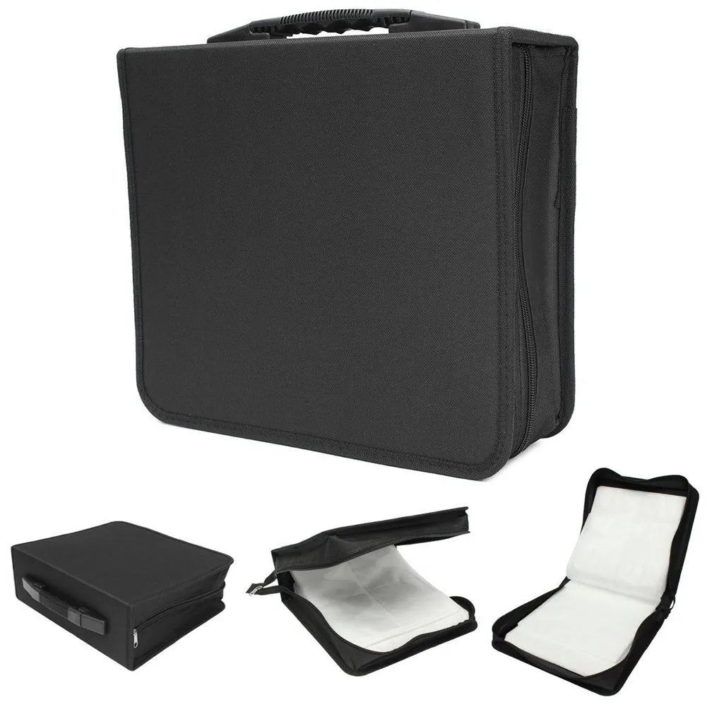 Black Oxford fabric CD storage bag with a hand strap and zipper closure