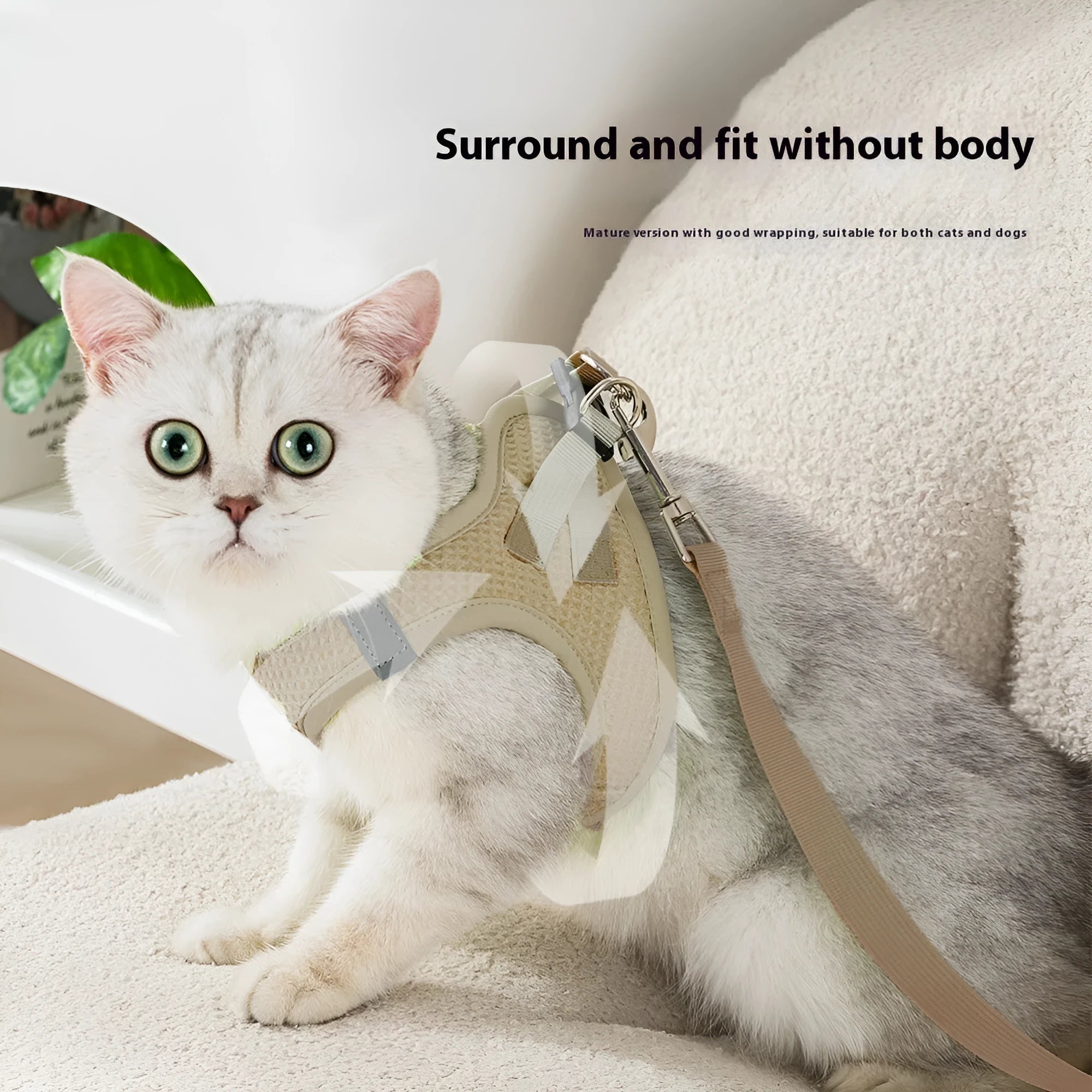 Soft brown waffle-weave cloth cat harness chest strap shown on a mannequin.