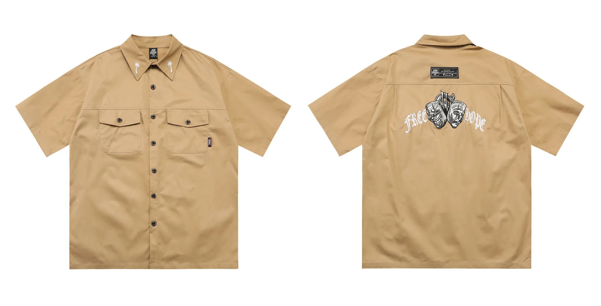Men's black loose-fit cotton blend shirt with chest pocket and embroidered design on half sleeve.