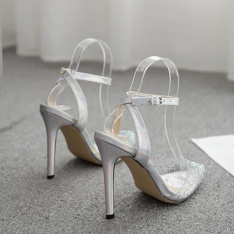 Women's pointed toe sandals with stiletto heel and diamond decoration on PVC upper