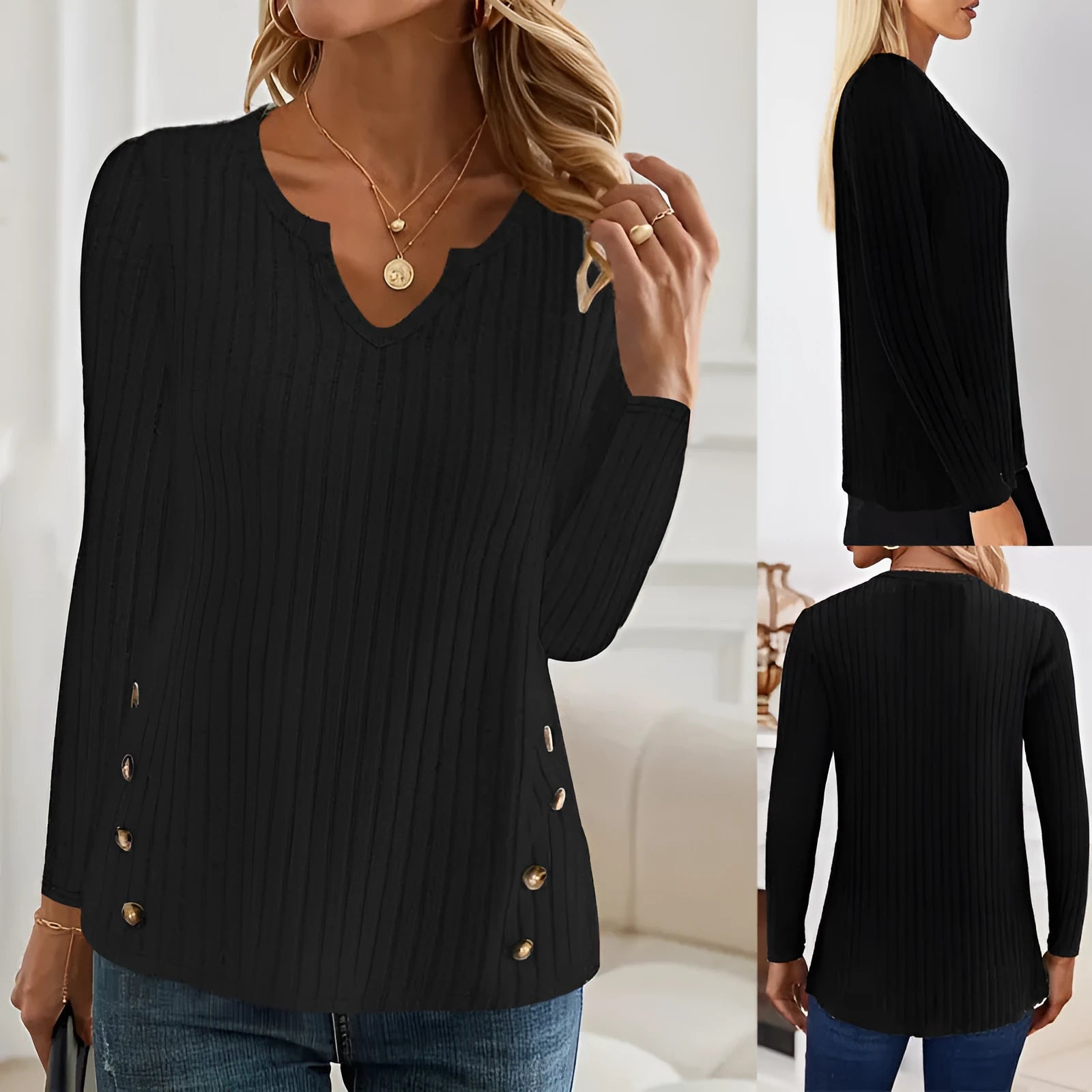 Simple solid colour knitted button sweater on hanger showing regular sleeves and button details