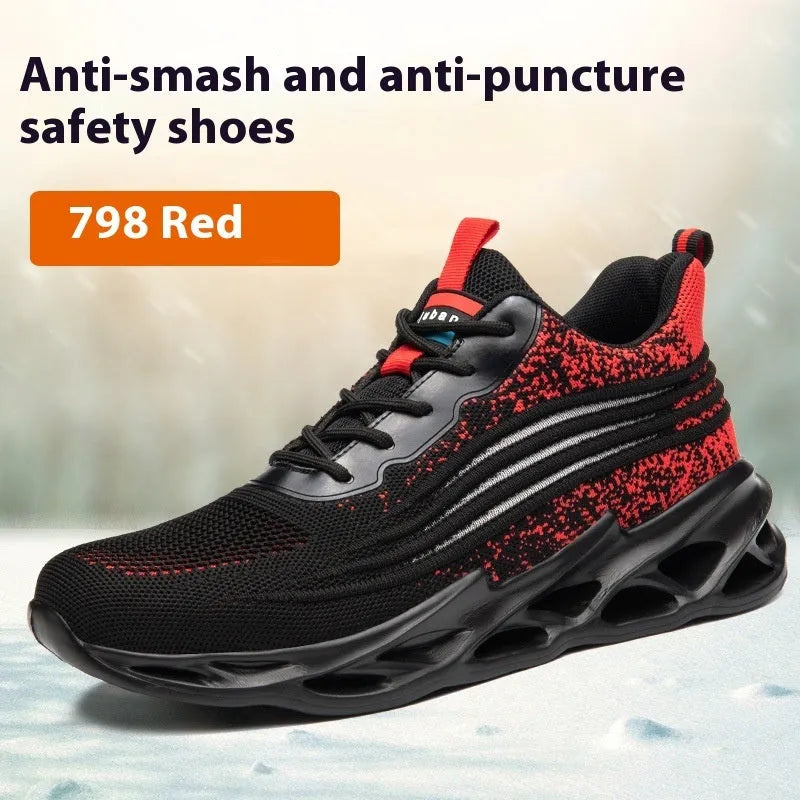 Brown leather labour protection safety shoes with rubber sole on a work floor.