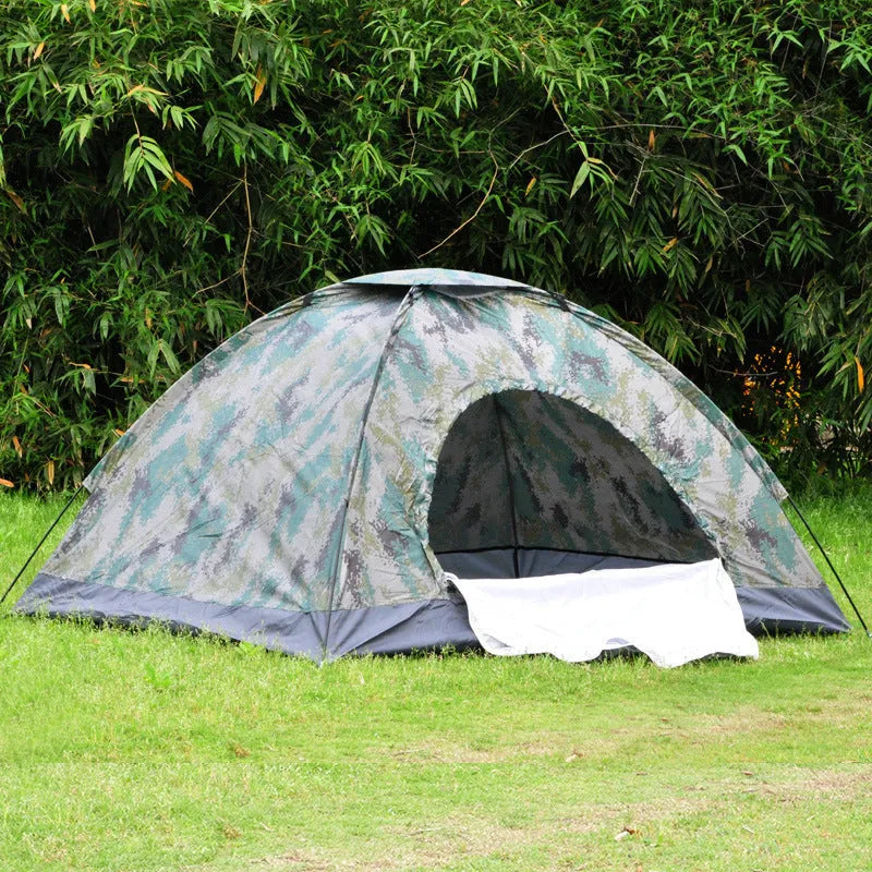 Green camouflage outdoor tent with triangular skylight and breathable mesh panels